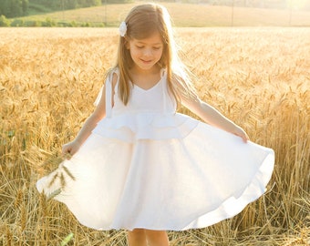 Pinafore dress with poodle skirt, 100% natural linen sundress for girl