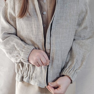 Linen bomber jacket unisex, stone washed natural linen, coat with pockets, long sleeves outerwear for a girl or boy image 6