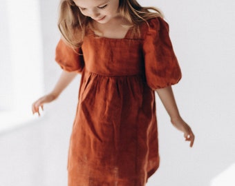 Linen Dress with short sleeves for girl | 26 colours available