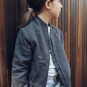 Linen bomber jacket unisex, stone washed natural linen, coat with pockets, long sleeves outerwear for a girl or boy image 7