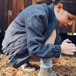 Linen bomber jacket unisex, stone washed natural linen, coat with pockets, long sleeves outerwear for a girl or boy image 8