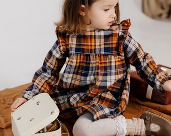 Flannel dress with high waist and ruffles for girl, natural cotton, warm cotton dress