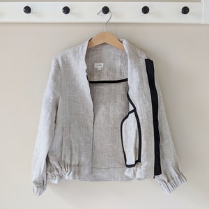 Linen bomber jacket unisex, stone washed natural linen, coat with pockets, long sleeves outerwear for a girl or boy Light grey-unpainted