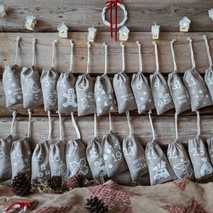 Kit de calendario de adviento, calendarios de adviento con tarjetas de actividades, bolsita navideña, bolsas de adviento, adviento rústico