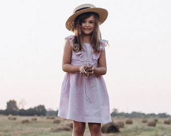 READY TO SHIP! 10 y.o. (134cm) Linen pinafore dress, natural linen sundress for girl, dusty pink colour