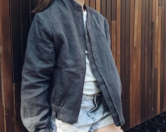 READY TO SHIP! 7-8 y.o. (122-128cm.) Graphite Linen bomber jacket unisex, stone washed natural linen, coat with pockets