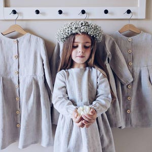 READY TO SHIP Linen dress with long sleeves Different sizes & colors available On the lining and wooden buttons on the back, for a girl image 10