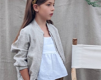 Linen bomber jacket unisex, stone washed natural linen, coat with pockets, long sleeves outerwear for a girl or boy