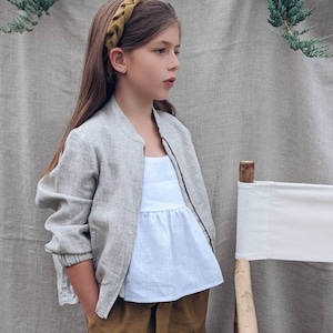 Giubbotto bomber in lino unisex, lino naturale stone washed, cappotto con tasche, capospalla a maniche lunghe per bambina o bambino
