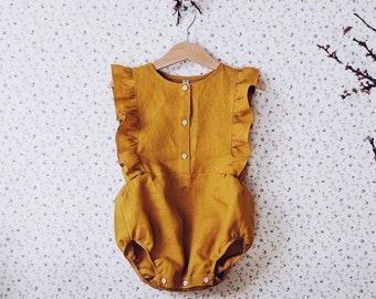 Romper with ruffles for a girl, from birth up to 24 months, natural 100% linen