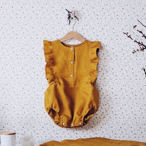 Romper with ruffles for a girl, from birth up to 24 months, natural 100% linen