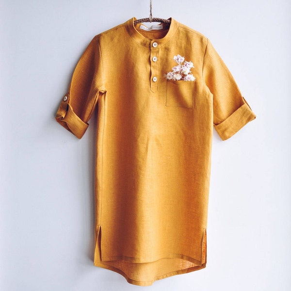 READY TO SHIP! 6 y.o. Dress-shirt made from natural flax for girls, beach dress for girl, mustard colour