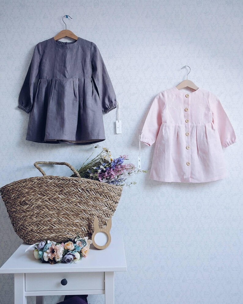 Linen dress for girls with long sleeves on the lining and buttons on the back image 3