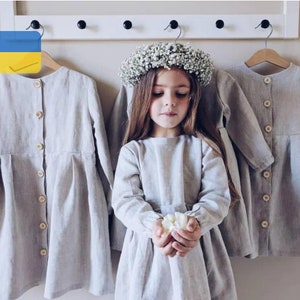 READY TO SHIP Linen dress with long sleeves Different sizes & colors available On the lining and wooden buttons on the back, for a girl image 1