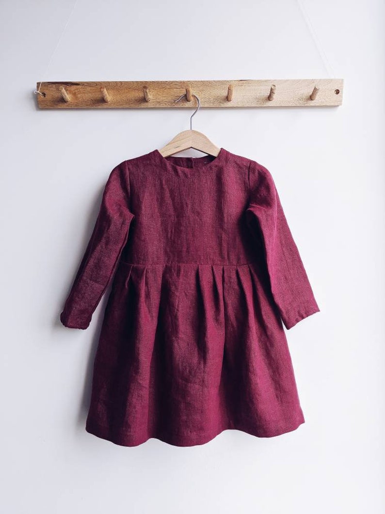 READY TO SHIP Linen dress with long sleeves Different sizes & colors available On the lining and wooden buttons on the back, for a girl image 8