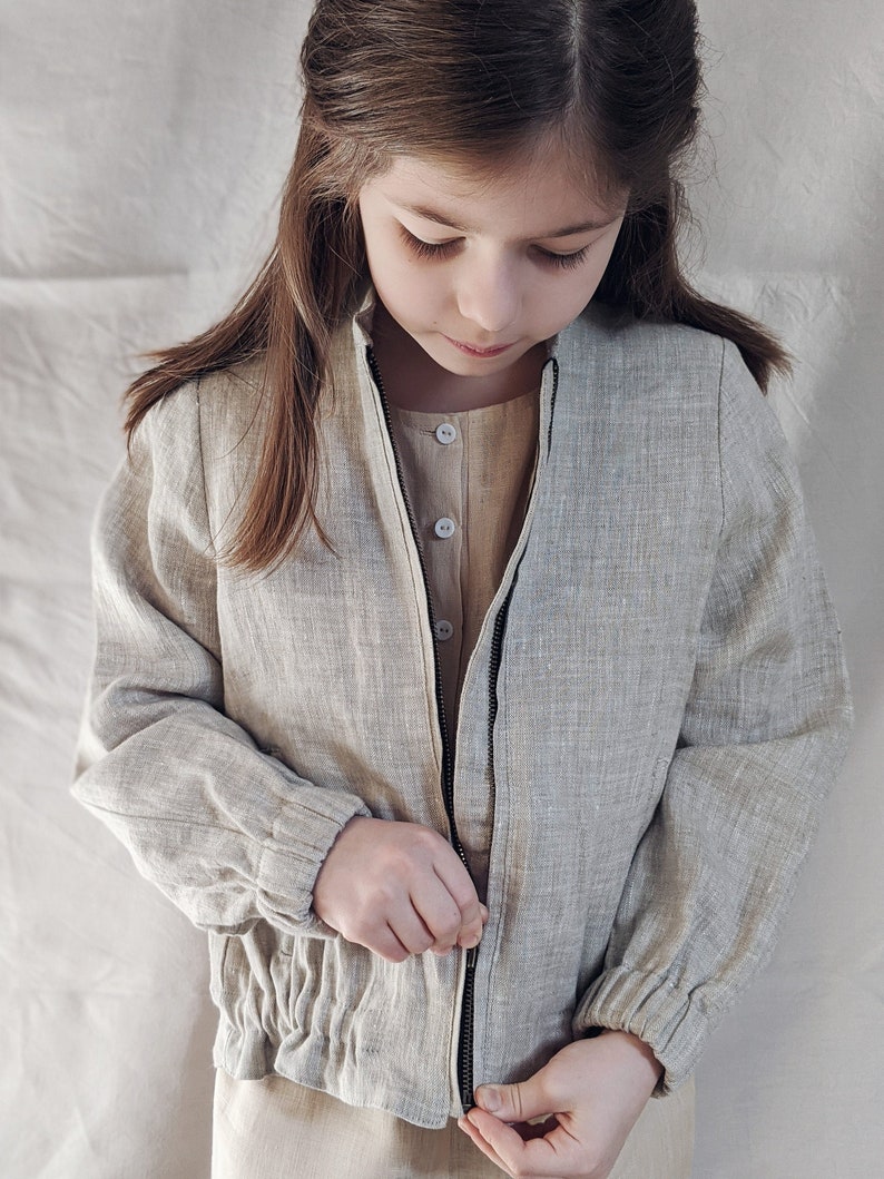 Linen bomber jacket unisex, stone washed natural linen, coat with pockets, long sleeves outerwear for a girl or boy image 6