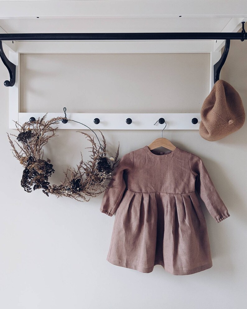 Linen dress for girls with long sleeves on the lining and buttons on the back Cappuccino
