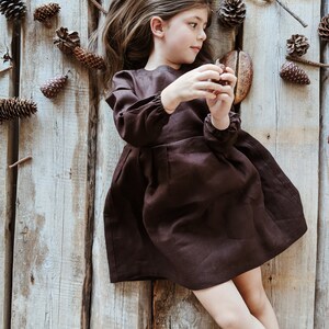 Linen dress for girls with long sleeves on the lining and buttons on the back Brown