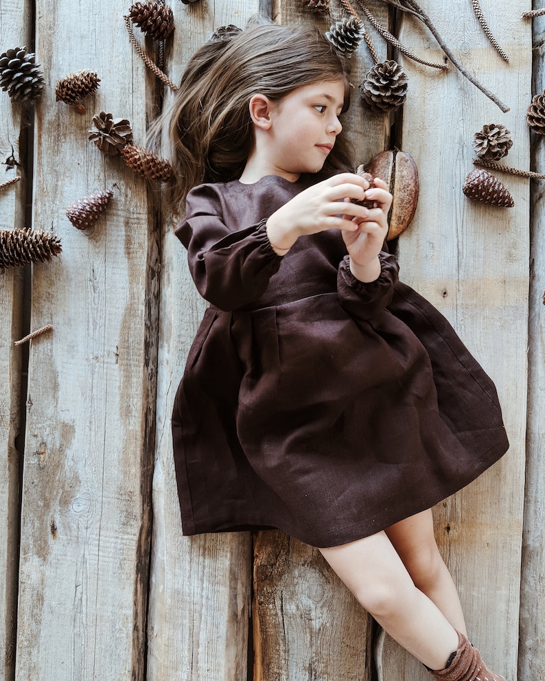 Linen dress for girls with long sleeves on the lining and buttons on the back Brown