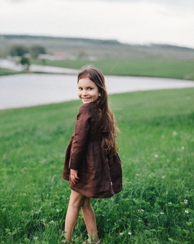 Linen dress for girls with long sleeves on the lining and buttons on the back image 2