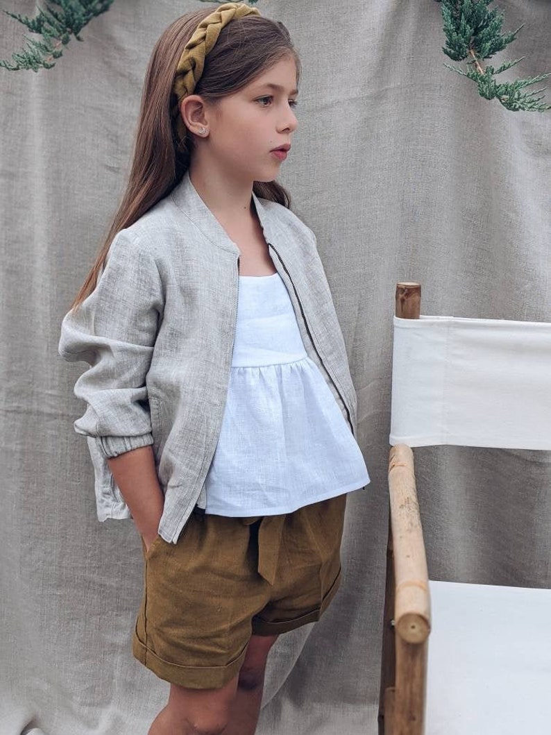 Linen bomber jacket unisex, stone washed natural linen, coat with pockets, long sleeves outerwear for a girl or boy image 1