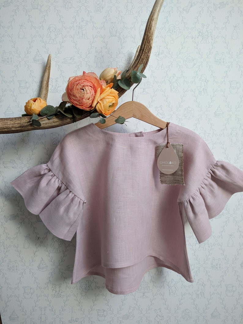 Crop top with flounces from natural linen, top with short sleeves for girls Dusty pink