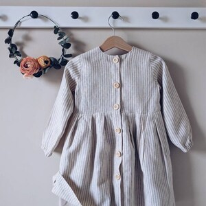 Linen dress for girls with long sleeves on the lining and buttons on the back Oatmeal stripes 5mm