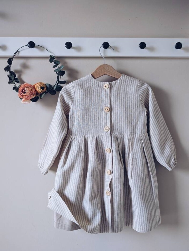 Linen dress for girls with long sleeves on the lining and buttons on the back Oatmeal stripes 5mm