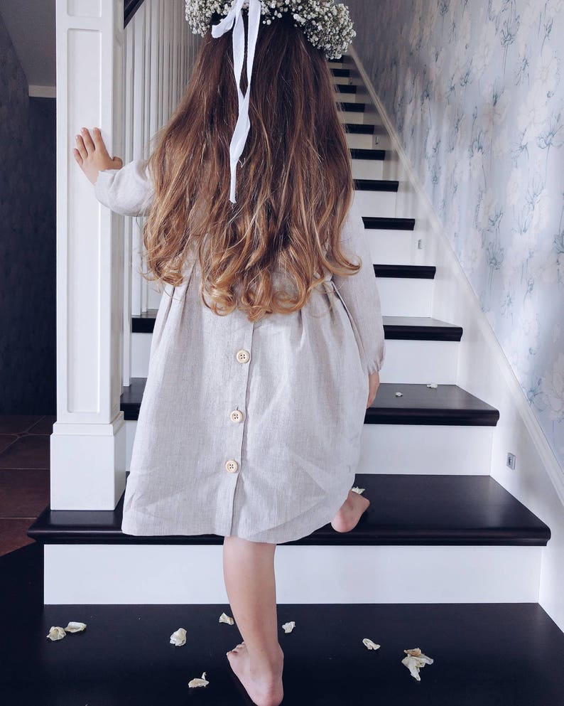 Linen dress for girls with long sleeves on the lining and buttons on the back image 6