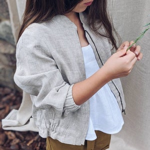 Linen bomber jacket unisex, stone washed natural linen, coat with pockets, long sleeves outerwear for a girl or boy image 2