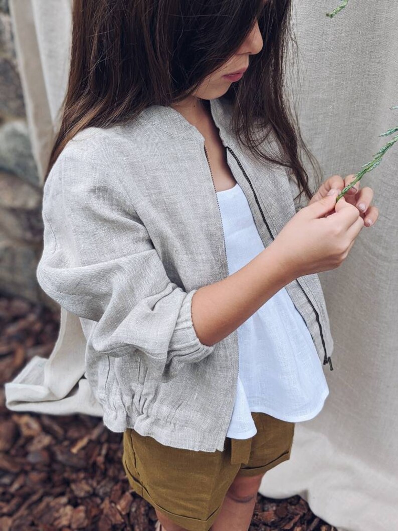 Linen bomber jacket unisex, stone washed natural linen, coat with pockets, long sleeves outerwear for a girl or boy image 2