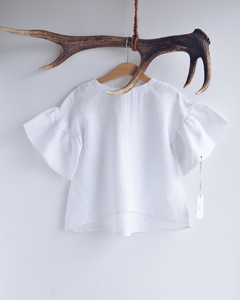 Crop top with flounces from natural linen, top with short sleeves for girls Off-White