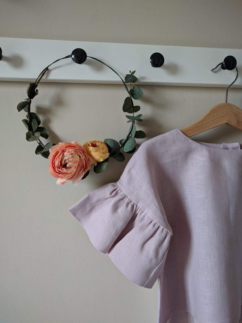 Crop top with flounces from natural linen, top with short sleeves for girls image 6