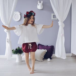 Crop top with flounces from natural linen, top with short sleeves for girls image 2