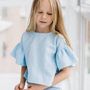 Crop top with flounces from natural linen, top with short sleeves for girls Sky blue