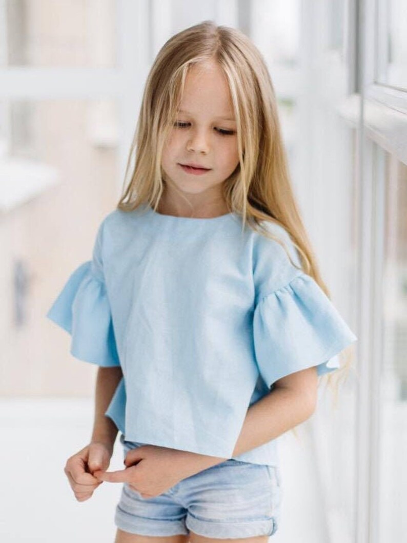 Crop top with flounces from natural linen, top with short sleeves for girls Sky blue