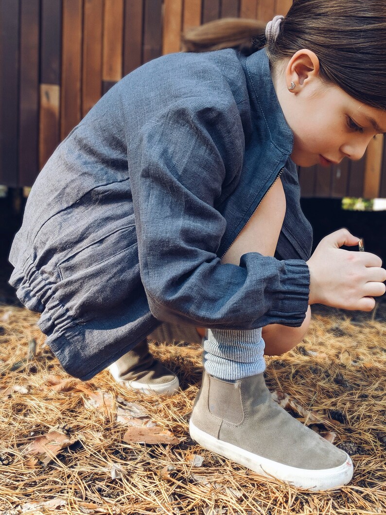 Linen bomber jacket unisex, stone washed natural linen, coat with pockets, long sleeves outerwear for a girl or boy image 8