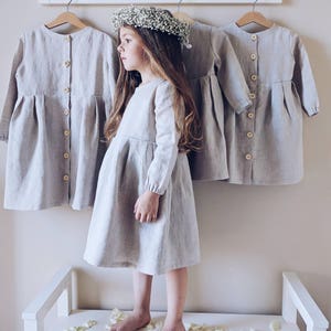 Linen dress for girls with long sleeves on the lining and buttons on the back Light grey-unpainted