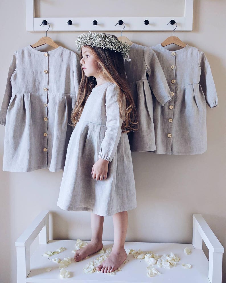 Linen dress for girls with long sleeves on the lining and buttons on the back Light grey-unpainted
