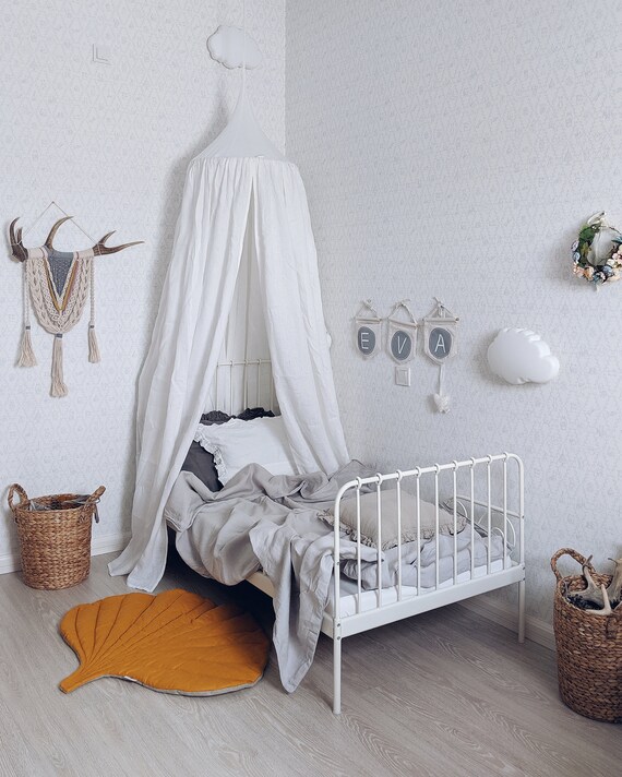 Bed Hanging Canopy White Color Natural Linen Nook Baldachin Nursery Tent
