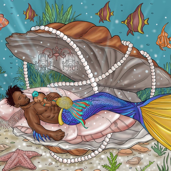 Fantasy Merman Artwork Print/Black Mermaid Art/Mermaid Fantasy Art/Mermaid Poster/Mermaid Print/Merman Art/Mermaid Wall Art/Melanin Art