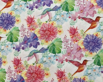 Hummingbird Hydrangea Print: Floral Cotton Fabric, 58" Wide