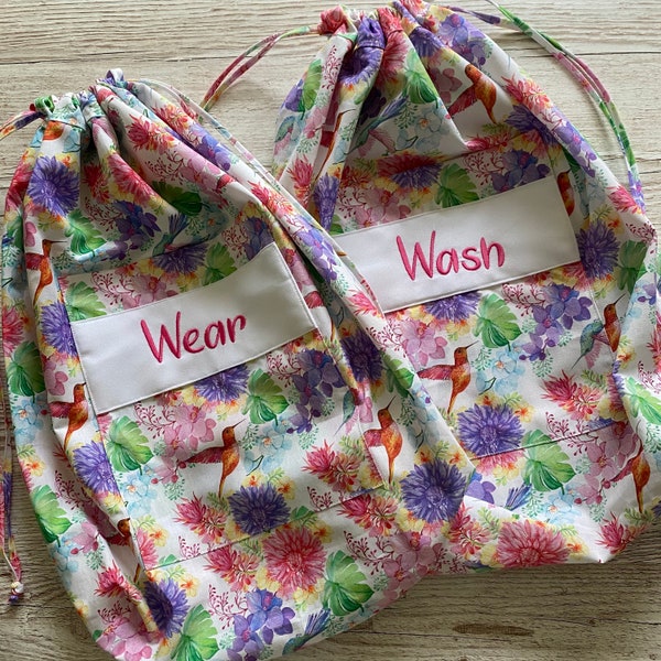 A Pair of Wash & Wear Embroidered Echo Friendly Flowers and Birds Print Travel Bags, Holiday Laundry Bag, Fabric Drawstring Vacation Bag UK