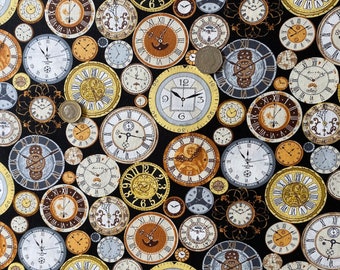 Clocks Print Fabric: Gold, White & Grey on Black Cotton