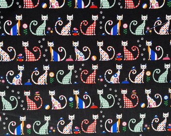 Felix Cat Print Fabric: Multicoloured Craft Cotton, Quilting & Sewing