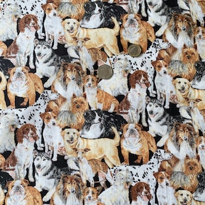 Mixed Breed of Dogs Print Fabric, 100% Craft Cotton Doggie Print Fabric for Sewing Clothing, Quilting, Crafting, FQ Half Metre or Metre UK