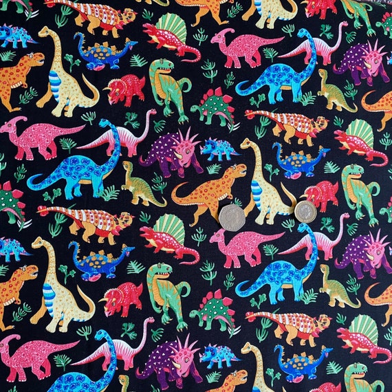 Colorful Dinosaur Print Cotton Fabric, Kids Clothing, Quilting 44" Wide