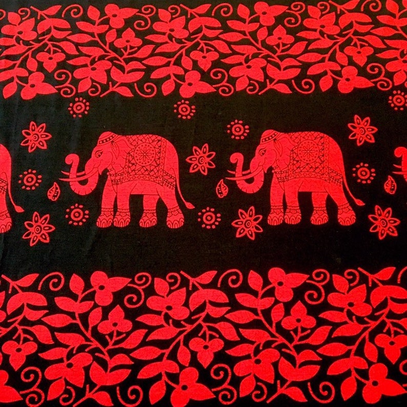 White on Red Elephant Design 100 Cotton Fabric By The Metre