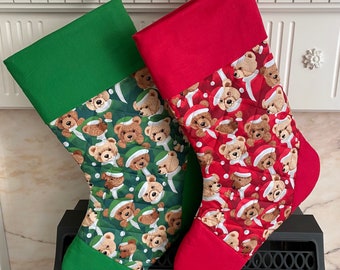 Handmade in UK, Child"s Teddy Bear Print Red Christmas Stocking, Lined with Calico Cotton Fabric, Teddy Bear Print Green Christmas Stocking