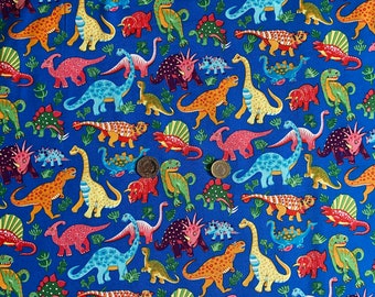 Colourful Dinosaur Print on Blue Fabric, 100% Craft Cotton Fabric for Sewing Kids Clothing, Drawstring Bags, Quilting, Crafting 44" Wide UK